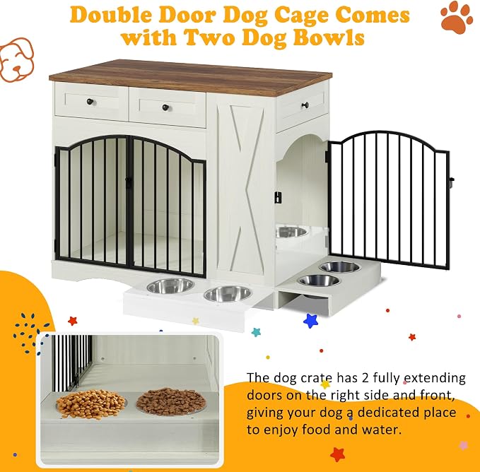 43.3" Farmhouse Dog Crate, Furniture Style Dog Cage with 3 Drawers, Removable Feeder and 2 Bowls, Wooden Heavy Duty Dogs Crates End Table for Medium Large Dogs, Beige+Brown