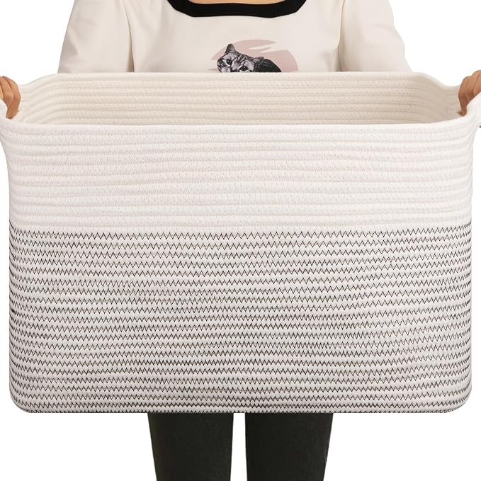 OIAHOMY Large Blanket Basket, 65L Cotton Rope Woven Laundry Basket, Toy Bin for Baby Room, Container for Blanket Storage in Living Room, 20''×16''×12'', Black & White