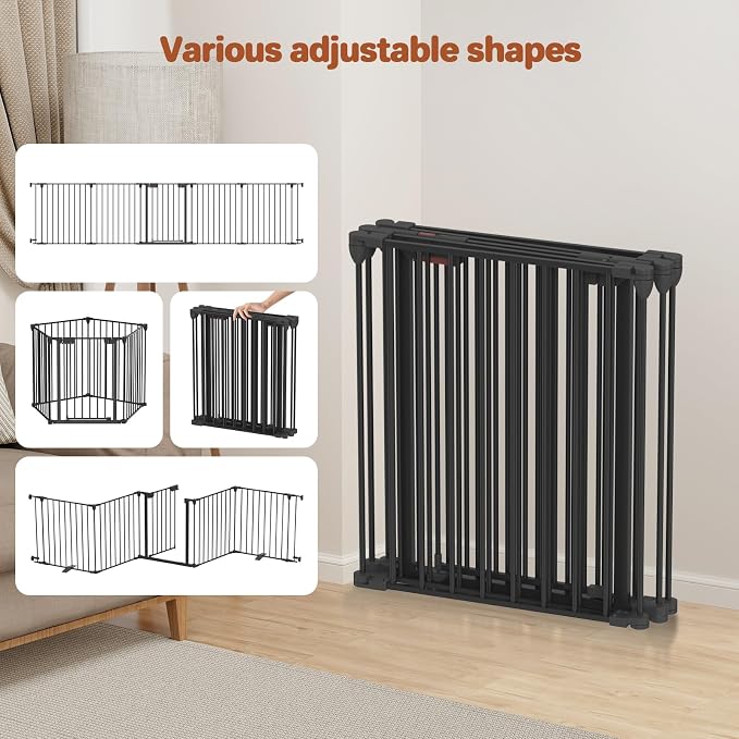 Kfvigoho Dog Gate 27.5"-129" Extra-Wide Playpen, Freestanding Pet Gate | Puppy Fence with Auto-Close Door, Double Locking System for Fireplace, Foldable Black, 5 Panels