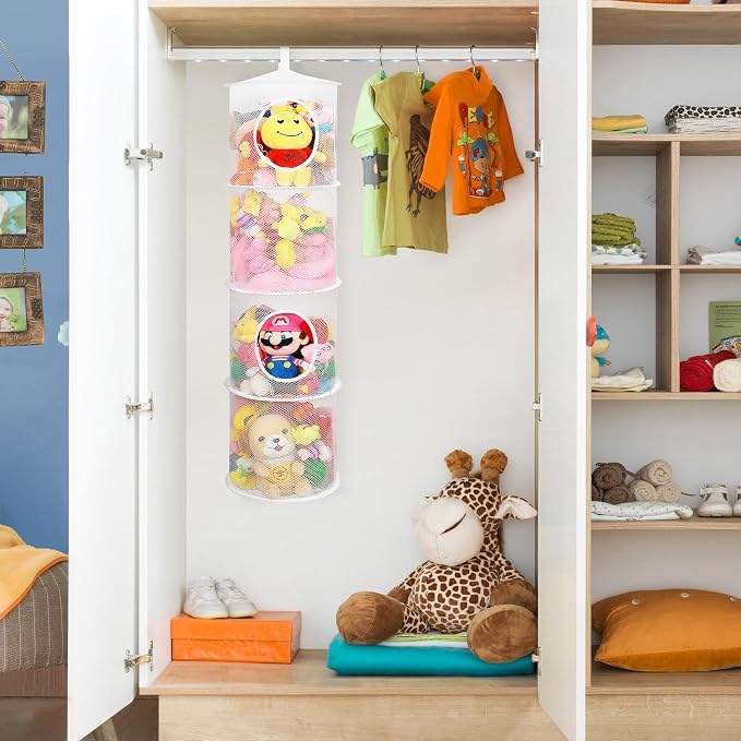 Hanging Stuffed Animal Storage Hammock Net 4 Tiers, White | Hanging Mesh Storage Organizer for Kids Room, Holds Plushies, Gloves, Hats, Socks, Foldable Space-saving Design