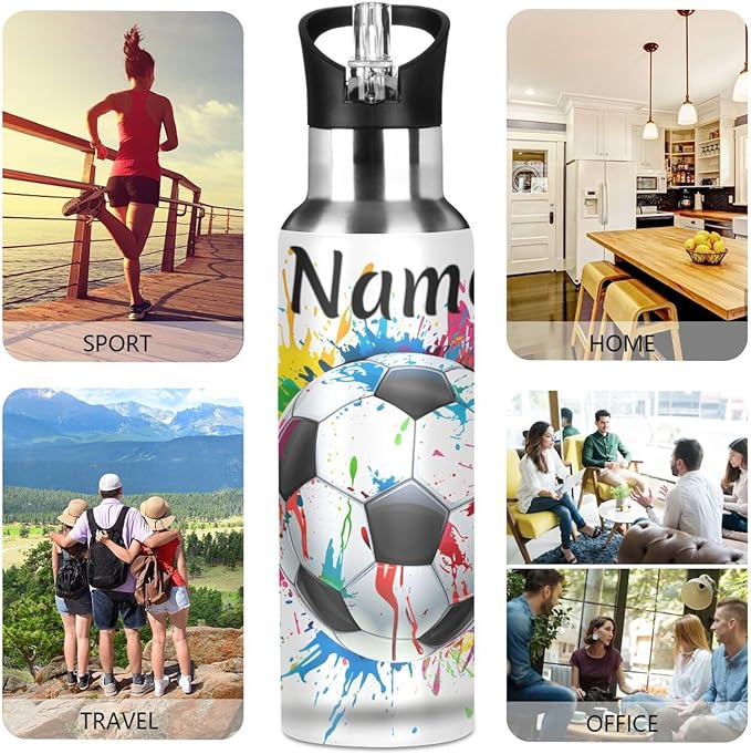 Custom Name Soccer Ball Colorful Water Bottle with Straw Lid Kids Insulated Stainless Steel Water Flask Sports, 20 Oz Hot Cold