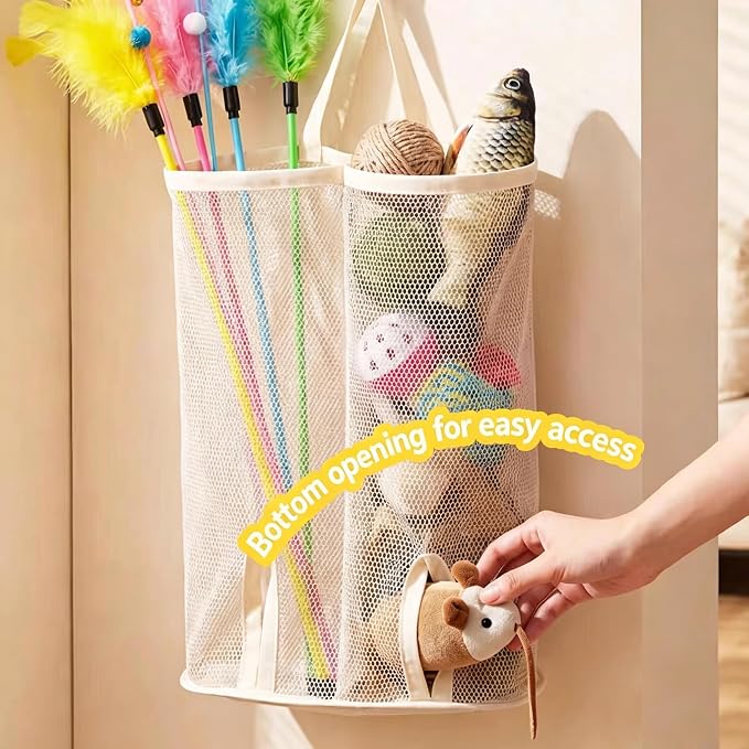15.16" Cat Wand Toy Holder Organizer Storage Bag - Special Bottom Opening Design, Pet Kitten Stick Doy Toy Mesh Pockets for Cat Feather Teaser Toys Wall Hanging Basket Box Bin (Beige, Double)