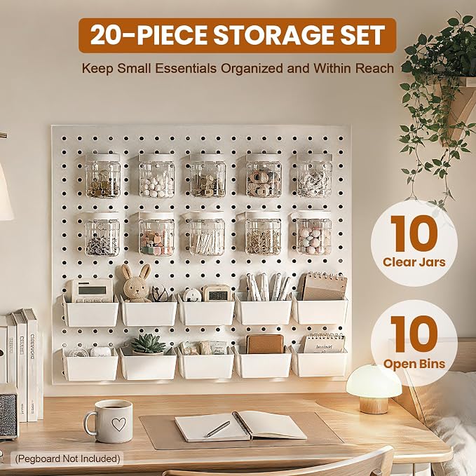 20PCS Pegboard Organizer Accessories, 10 Clear PET Jars with Lids & 10 Open ABS Bins, Fits 1/8” & 1/4” Pegboards, Wall Organizer Set for Garage, Workshop, Craft Room, Office & Home