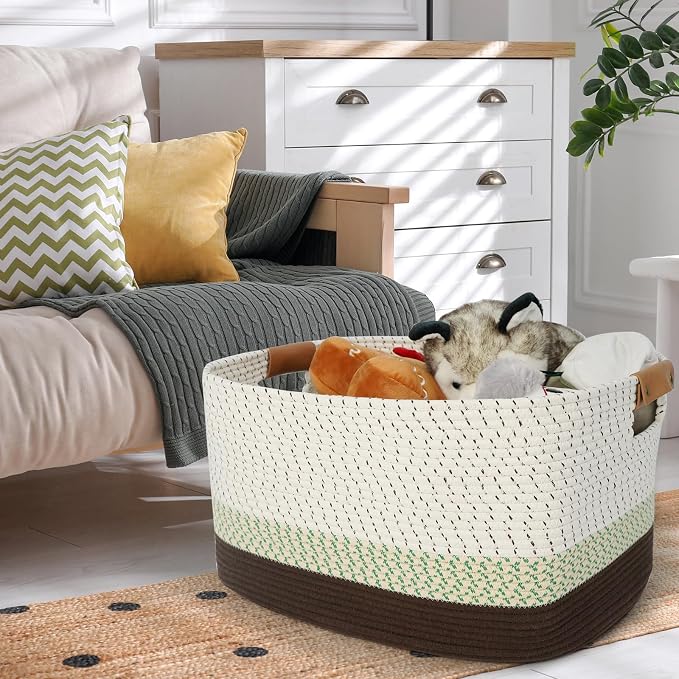 danpinera 108L Large Basket for Living Room, Nursery & Laundry, Kids Toy Basket Storage with Leather Handle, 25’’*16’’*16’’ White & Mottled Green