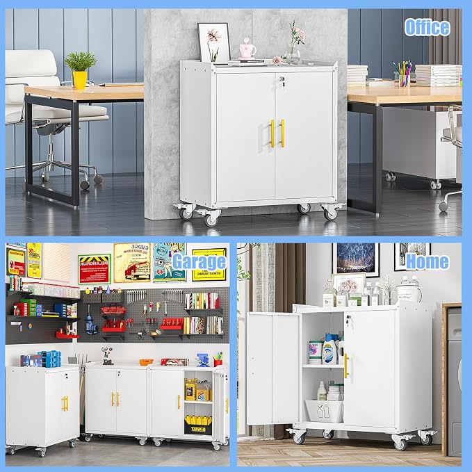 pozdeg 35.6" Rolling Metal Garage Storage Cabinet with Wheels & Lock, White