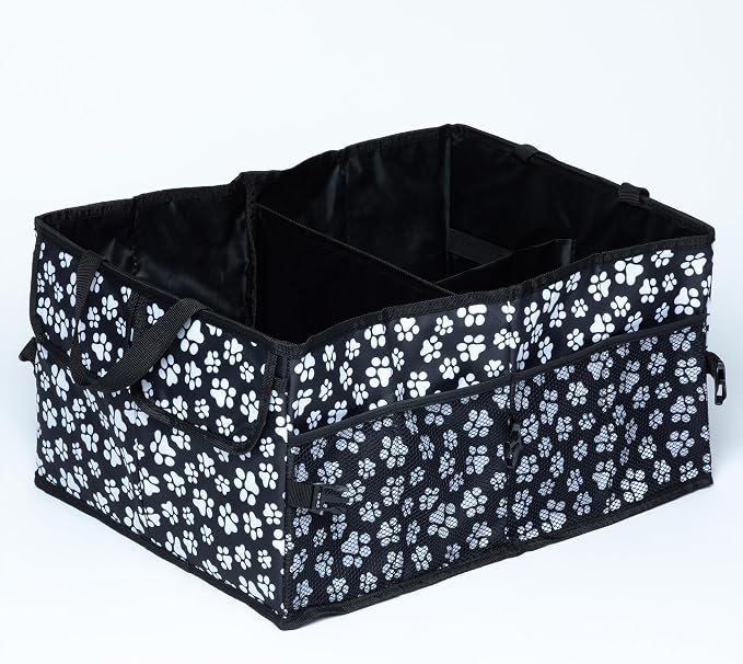 GreaterGood Collapsible Paw Print Car Trunk Organizer with 6 Pockets Truck SUV and Sedan Caddy With Compartment Vehicle Storage Container (Paws Galore - Black & White)
