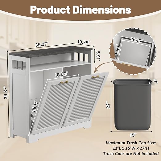 Pet-Proof Double 13 Gallon Tilt Out Trash Can Cabinet with Open Storage – Hide Garbage & Recycling Bins to Keep Your Kitchen Clean and Organized,White