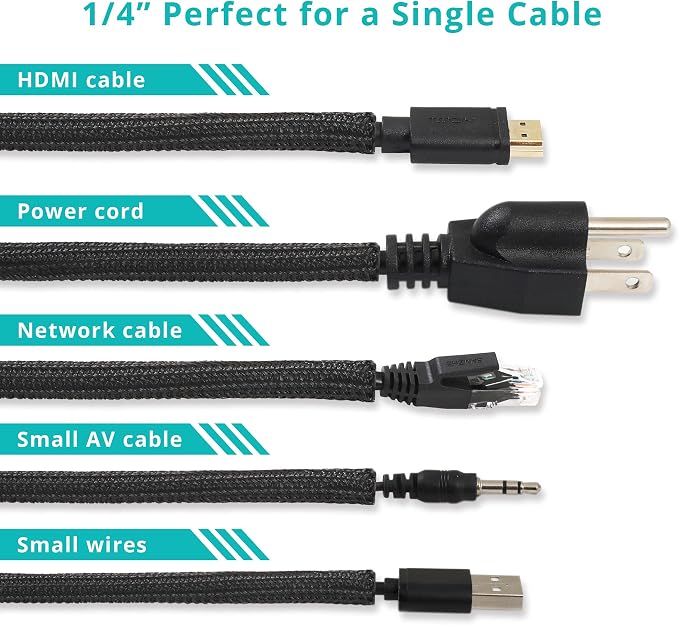 ZhiYo Cable Sleeve, 20ft, 1/4 inch, Black | Cord Wrap, Wire Protector Tubing, For Pets, PC Cable Management