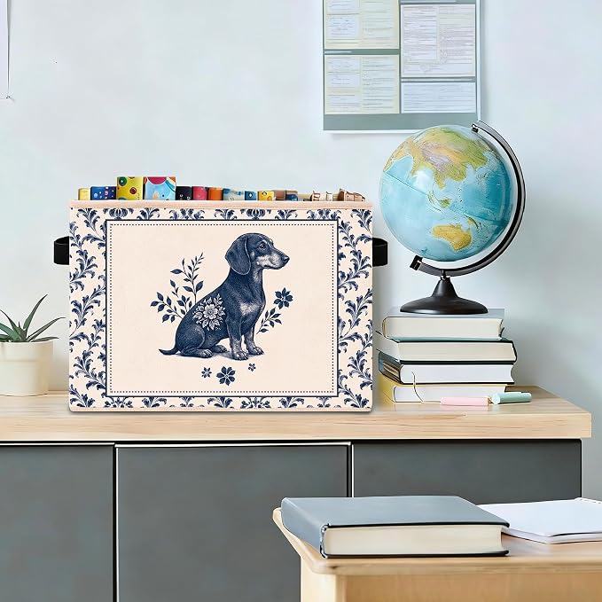 Blue Floral Dog Storage Bin, Foldable Fabric Organizer | Vintage blue floral dog storage bin for toys, books, clothes, pet supplies, nurseries, bedrooms, shelves, and closets.