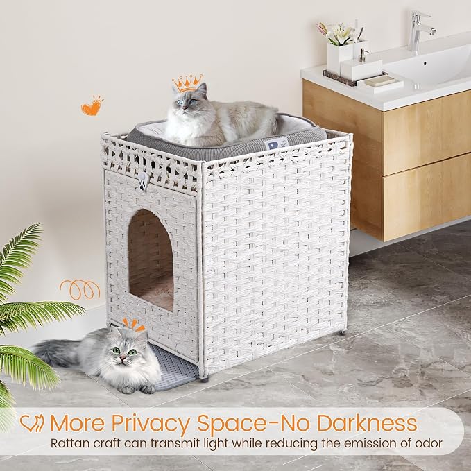 Snughome Cat Litter Box Enclosure Furniture Hidden with Litter Mat, Hidden Washroom Furniture with Door, Handwoven Rattan Cat Washroom Box, Indoor Pet House for Living Room, Bedroom(White)