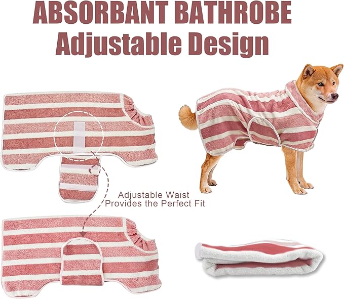 Fast Drying Dog Bath Robe, Super Absorbent Stripes Dogs Towel, Adjustable Warm Keeping Pet Puppy Bath Supplies (Red, S)
