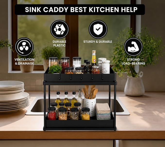 2 Pack Under Sink Organizer, Pull-Out Cabinet Storage Organizers for Bathroom & Kitchen, Multi-Purpose Under Counter Shelf Rack for Cleaning Supplies, Bottles & Toiletries, Cabinet Organizer-Black