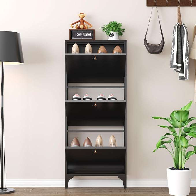 Shoe Cabinet with 3 Flip Drawers, Narrow Shoe Storage Cabinet, Farmhouse Shoe Organizer, Freestanding Organizer with Metal Legs for Entryway, Foyer (Black, Narrow 3-Door)