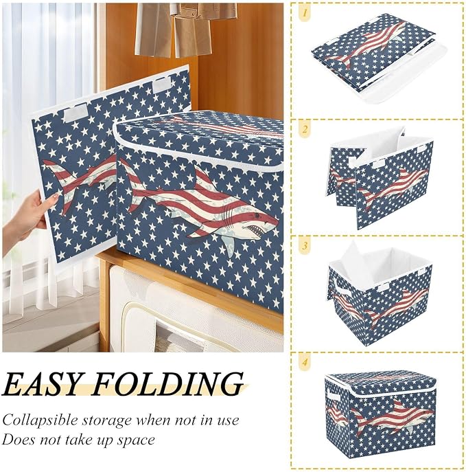 Fabric Storage Bins with Lid Patriotic Flag Shark Closet Storage Basket 40L | Decorative Storage Boxes, Foldable & Stackable, Dust-Proof Flip Top, Reinforced Handles, For Home & Dorm, Clothes & Toy Box