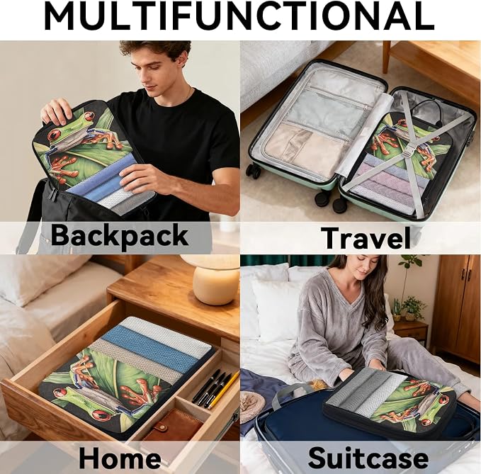 Forest Tree Frog 6 Set Compression Packing Cubes Animals Palm Leaves Expandable Packing Organizer for Travel Accessories Luggage Suitcase Bag