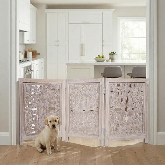 Lightnpro 3-Panel Carved Wooden Dog Gate – 54 Inch Foldable Freestanding Pet Barrier, White Wash Indoor Safety Fence for Small Dogs & Puppies – 24x18 Inch Panels