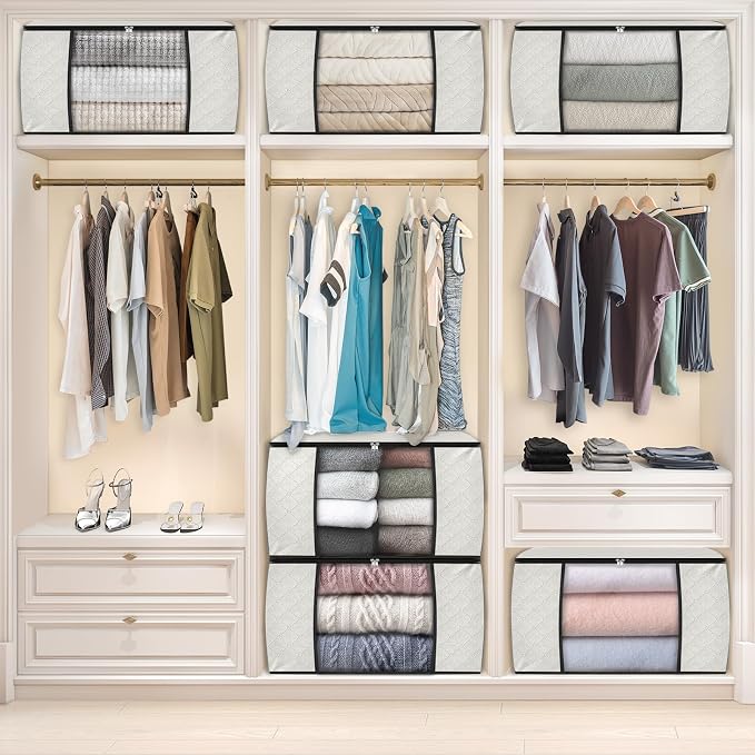 10 Pack Storage Bags for Clothes Blanket Storage Bins with Lids | Foldable Closet Organizers with Zippers,Window and Handles,Fabric Storage Bins for Sweater,Comforter,Bedding,Dorm essentials