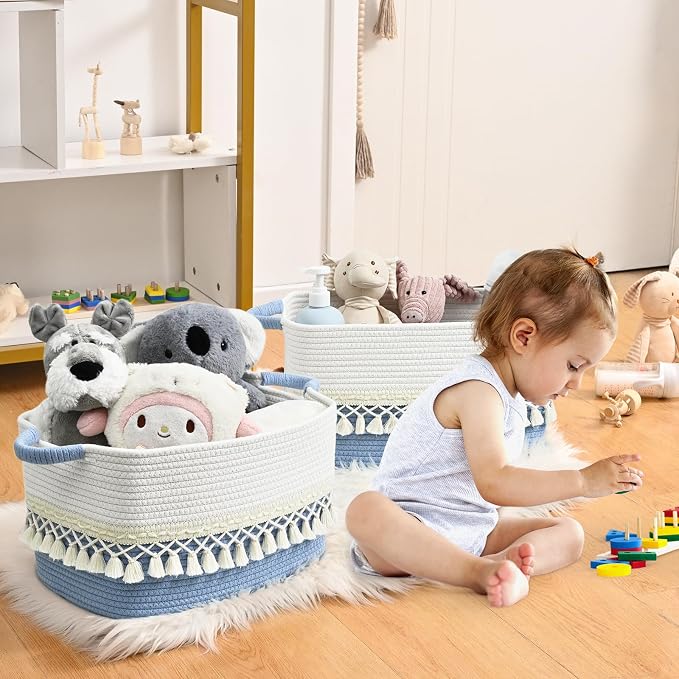 2 Pack Storage Basket, Heavy Tassel Woven Baskets for Storage, Boho Cotton Rope Storage Bin, Cube Organizer Bins, Baby Laundry Basket for Clothes, Toys, Diapers, Pets（White & Blue）