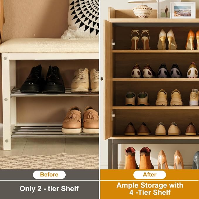 GarveeHome Rattan Shoe Cabinet with 3 Flip Doors, 8-Tier Freestanding Shoe Storage Cabinet with Adjustable Shelves, Large Capacity Shoe Organizer for Entryway, Closet, Natural Oak