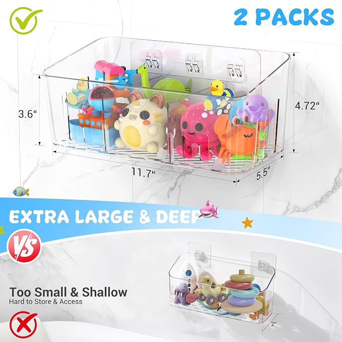 Bath Toy Storage 2 Packs, Large Bath Toy Holder - 3 Compartments, Quick-Dry | BPA-Free Bathtub Toy Organizer, Wall-Mounted Adhesive Shower Caddy, Bathroom Toy Basket & Bin for Baby, Toddler, Kids, Clear