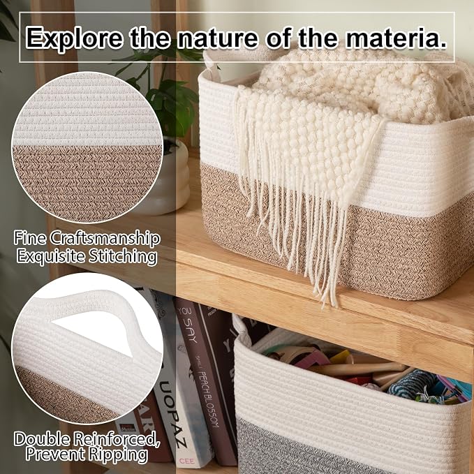 OIAHOMY Woven Storage Basket for Shelves, Rectangle Cotton Rope Baskets for Organizing, 16.5 x 13 x 11.8 in, Storage Bins for Dog Toys,Towel,Books,Gift,Brown and White