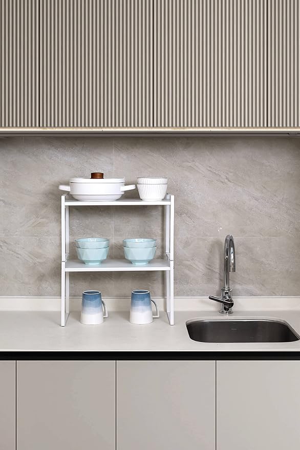 Nxconsu Stackable Cabinet Shelf Organizer 2 Pack, Standard Tall White | Heavy-Duty 3mm Steel Stackable 2-Tier Shelf, Holds 50 lb, for Kitchen Cabinet Pantry Cupboard Counter Bathroom Under Sink