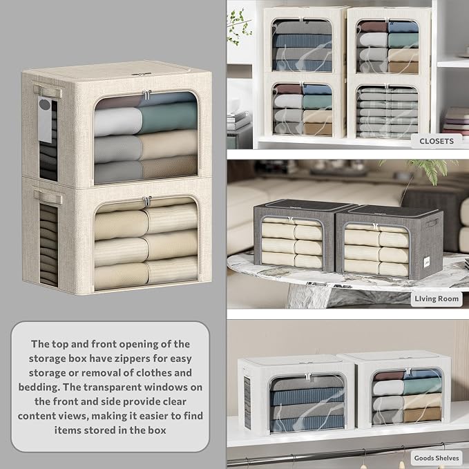 4 Pack Clothes Storage Bins with Metal Frame - 66L Stackable Storage Box with Lid，Foldable Storage Container Organizer for Clothes，Linen Fabric Storage Box with Clear Window＆Zippers＆Handles