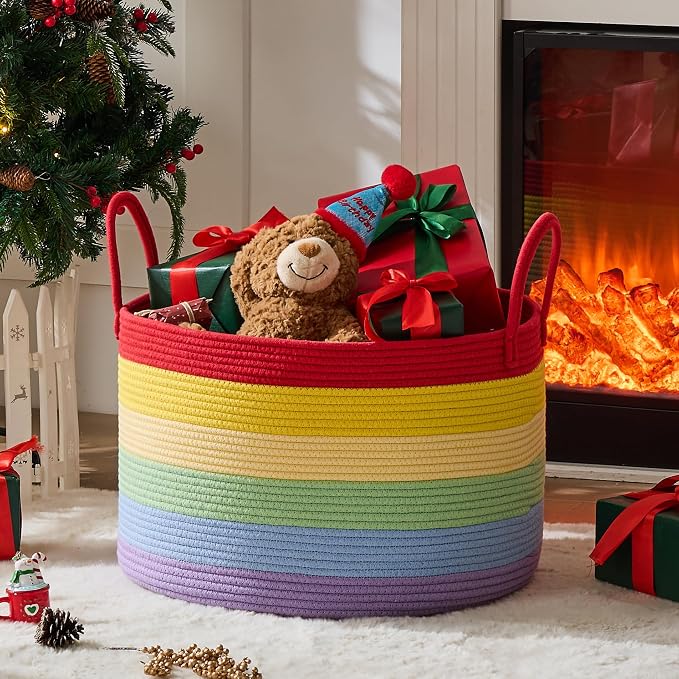 KAKAMAY Large Blanket Basket with Handles, Storage Basket for Living Room | Extra Large Capacity | Natural Cotton Rope | Blanket Storage | Woven Storage Basket | Stuffed Animal Storage | Laundry Basket