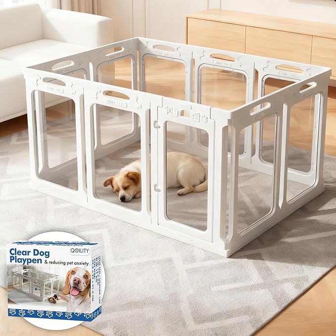 Clear Acrylic Indoor Dog Playpen, 30" H, 10 Panels, White | Open View, Modern Home, No Climbing Bars, Tool-Free Setup, For Puppies & Small Dogs