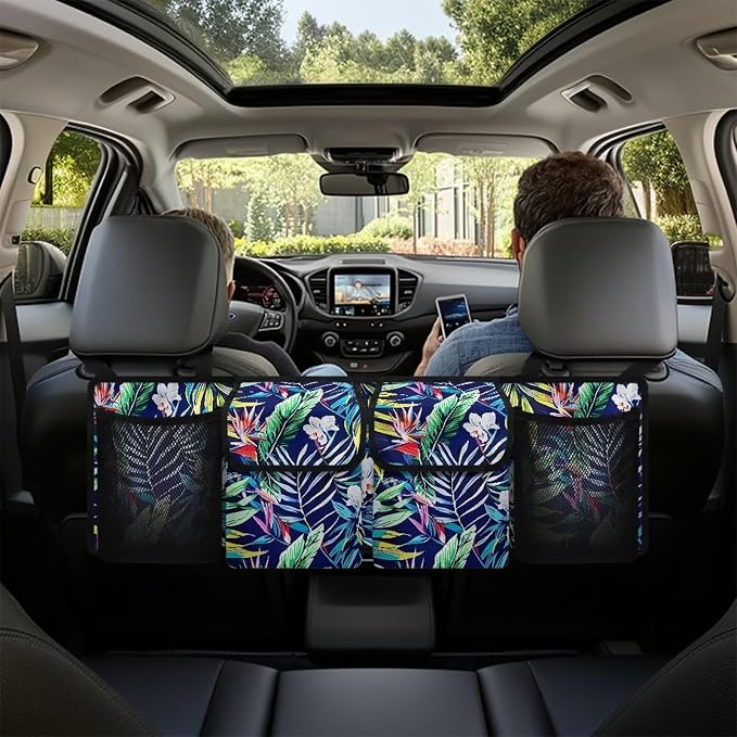 Tropical Leaves Car Trunk Organizer Hanging Car Back Seat Storage Bag with 4 Large Pockets Multipurpose Collapsible Storage Bag Automotive Interior Accessories