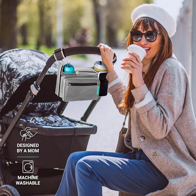 Swanoo Stroller Caddy Organizer, Cup Holder, Wipes Pocket, Non-Slip, Grey