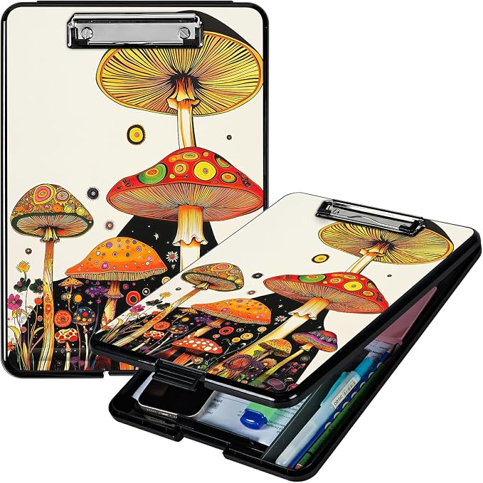 Heavy Duty Storage Clipboard, Slim Nursing Clipboard with Internal Pen Case, Portable File Organizer Case for A4 Letter Size Paper Office Medical Professionals, Mushroom Painting