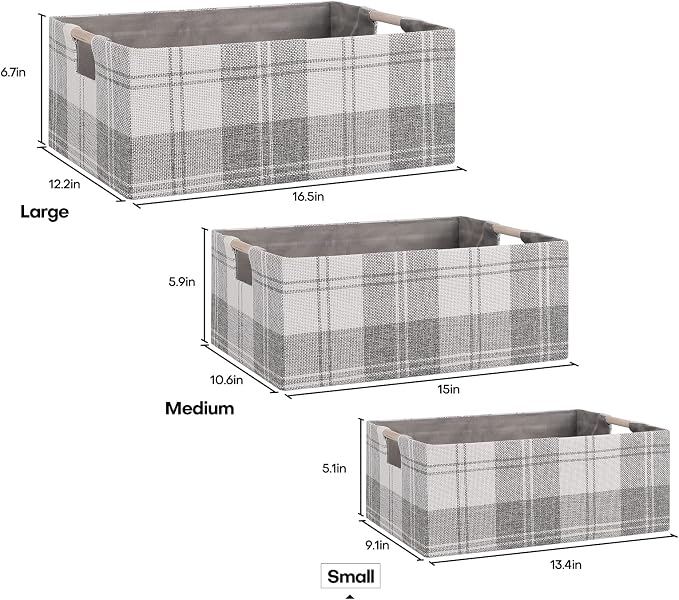 Fabric Storage Box, 13x9in Foldable Cotton Linen Basket with Wooden Handle | Small Rectangular Cube Decorative Home Laundry Organizer Clothes Blanket Container Organizing Clothes Sheet, Light Gray Plaid