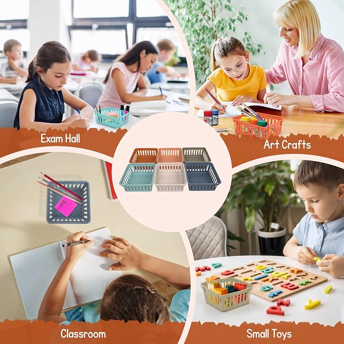 4E's Novelty 12 Boho Small Classroom Storage Baskets, Square 4.5" Plastic Colorful Crayon Container Trays, Organizer Bins for Shelf Desk Classroom Organization for Teachers, Office Home