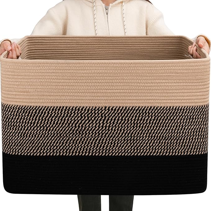 OIAHOMY 108L Extra Large Blanket Basket Dog Toy Basket Yellow and Black | Rectangle Woven Baskets for Storage Cotton Rope Basket For Living Room Toy Storage Blanket Storage Laundry Basket