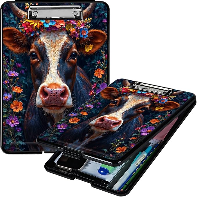 Heavy Duty Storage Clipboard, Slim Nursing Clipboard with Internal Pen Case, Portable File Organizer Case for A4 Letter Size Paper Office Medical Professionals, Black White Cow Flower