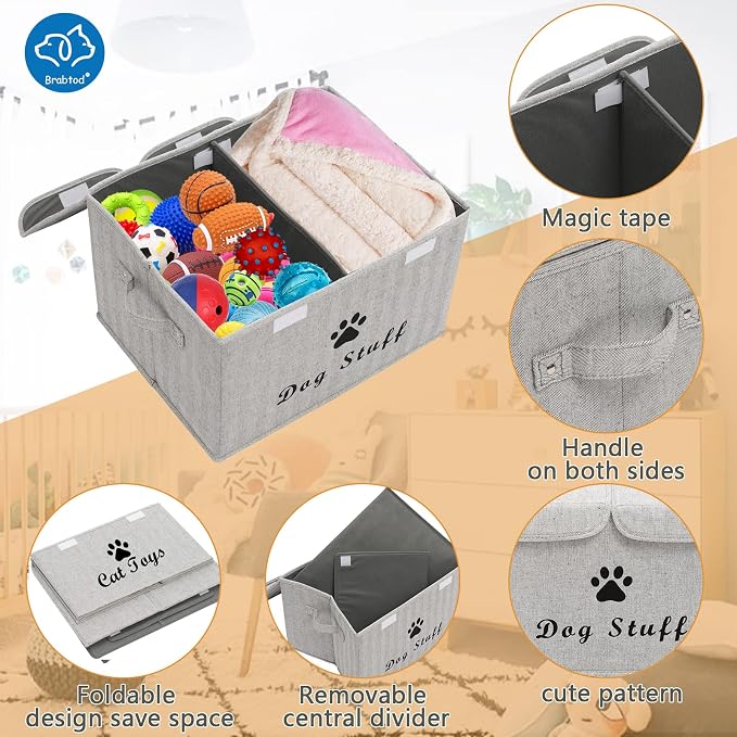 Large Dog Toys Storage Box Canvas Storage Basket Bin Organizer with Lid - Collapsible Linen Bin Ideal for Organizing Dog Cat Toys and pet Stuff-PP Boad-17" x 12" x 10" - Gray Stripe