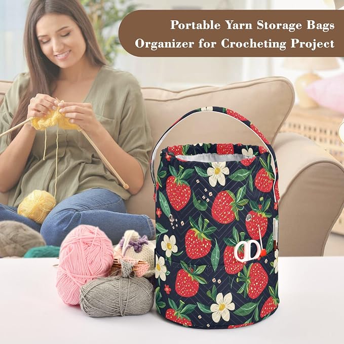 Fustylead Hand Draw Red Strawberry and Beautiful Floral Crochet Drawstring Organizer, Large Yarn Bag Storage Tote Basket for Crocheting On The Go, Kit Holder, Gift for Knitter, Crochet Beginner