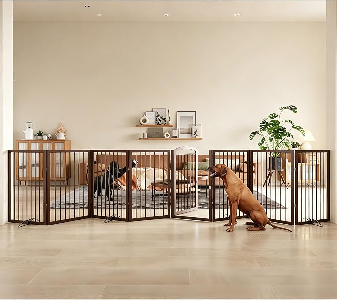 JSB 192-inch Extra Wide 30-inch Tall Dog gate with Door Walk Through,Full Matel Freestanding Round Tube Pet Gate for Halls Stairs, Puppy Safety Dog Fence with 4PCS Support Feet (Round Tube Espresso)