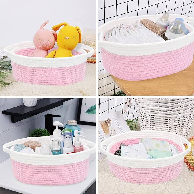 ABenkle Small Basket with Handles, Boho Decorative Rope Woven Dog Cat Toy Storage Bin Shelf Storage Organizer, Easter Christmas Gift Basket, 12"x8"x5", Pink