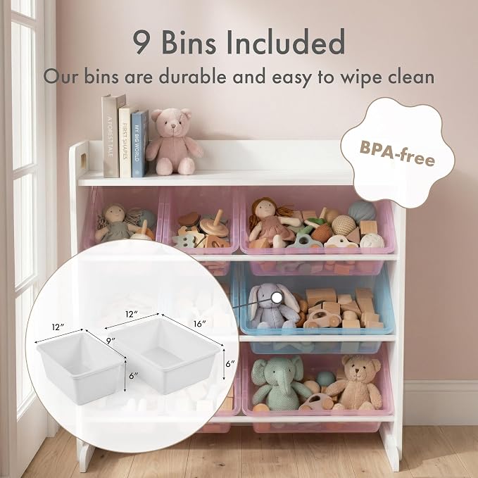 Humble Crew Kids Toy Organizer with Display Shelf, 9 Bins, 3 Tier Storage | Sturdy wood and steel toddler shelf, removable BPA-free containers, wall anchor anti-tip safety kit for bedroom or classroom