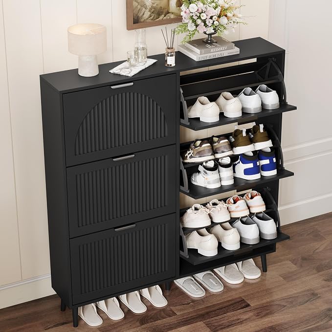 Shoe Storage Cabinet with 6 Flip Drawers, Narrow Wood Shoe Organizer Cabinet with Fluted Panel, Slim Shoe Rack for Entryway, Freestanding Shoe Cabinet for Living Room, Hallway, Black