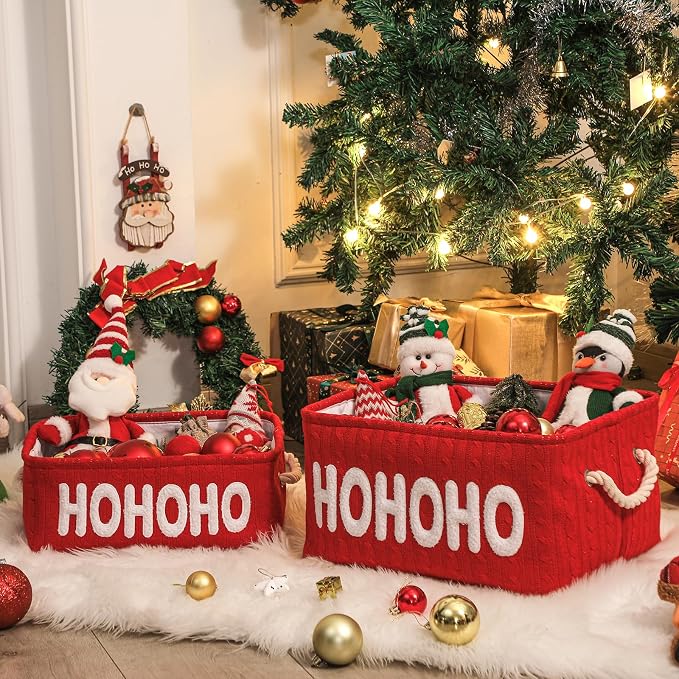 Christmas Gift Basket, Large Red Empty Storage Basket with Handle, Holiday Organizer for Toys, Gifts, Baby Items and Home Christmas Decorations