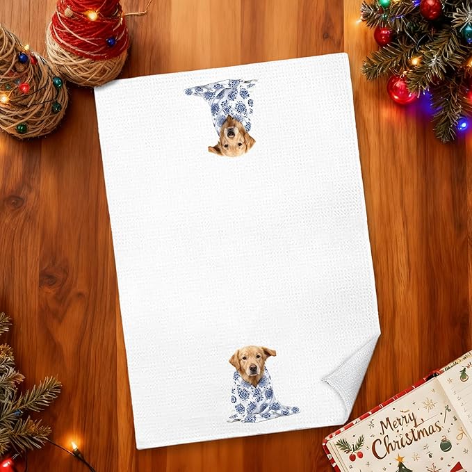 Blue Chinoiserie Golden Retriever Kitchen Towels 16x24 in, Golden Retriever Lover Gifts, Grandmillennial Floral Blanket Dog Decorative Hand Tea Dish Towels for Bathroom Kitchen