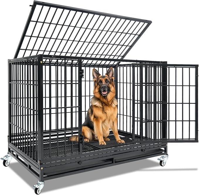Homey Pet Heavy Duty Dog Crate for Large Dogs, Indestructible Kennel | 47 Inch Stackable Large Dog Cage with Lockable Wheels, Removable Tray & Grid, Multi Locks Strong & Solid Escape Proof
