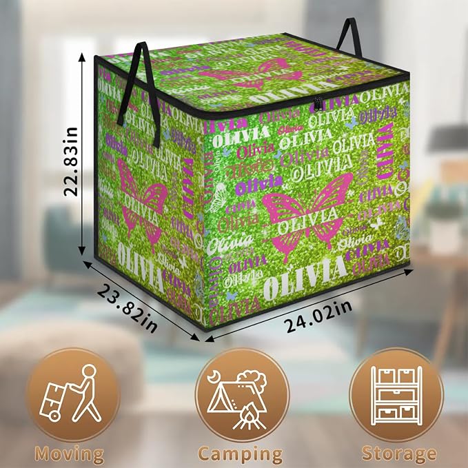 Custom Comforters Storage Basket with Lid, Personalized Name Large Organizer Bin for Pet/Children Toys, Books, Clothes, Perfect for Rooms/Playroom, Bright Lime Yellow Glittert with Butterflies