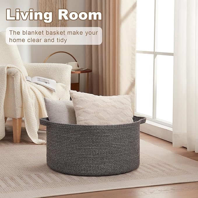OIASKET Large Woven Baskets for Storage, 22.8" x 22.8" x 13" Blanket Storage Living Room, Baby Toy Basket for Clothes, Pillows, Towels, Shoe Basket for Entryway (Dark Grey)