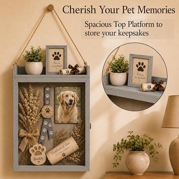 11x16 Dog Memorial Shadow Box Frame with Shelves, Grey