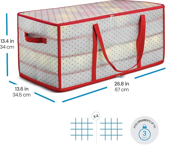 ZOBER Christmas Ornament Storage Box - Stores 128 Ornaments W/ 2 Sided Zipper - Flexible Plastic Christmas Ornament Storage Containers - 3 Inch Cube Compartments - Red