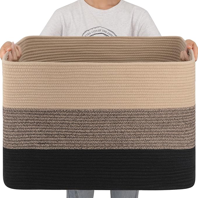 OIAHOMY 108L Extra Large Blanket Basket Dog Toy Basket Yellow Black | Rectangle Woven Baskets for Storage Cotton Rope Basket For Living Room Toy Storage Blanket Storage Laundry Basket
